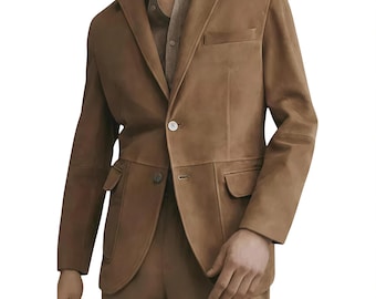 Mens Handmade Tan Suede Leather Blazer: Stylish Sheepskin Coat