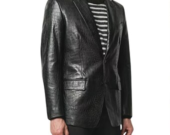 Black Crocodile Print Lambskin Leather Blazer - Stylish Button Coat