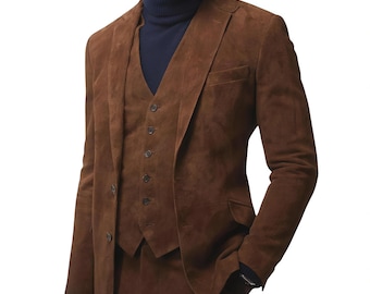 Men's Tan Suede Blazer: Two-Button Classic Leather Coat