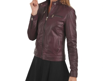 Giacca da motociclista in pelle di agnello bordeaux: cappotto da motociclista slim fit da donna