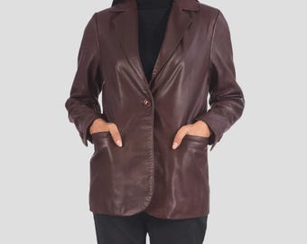 Women's Genuine Leather Blazer – Stylish Slim Fit Coat for Office & Casual Wear