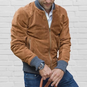 Blouson aviateur marron en cuir suédé multicolore pour homme – Blouson 100 % cuir véritable pour lui