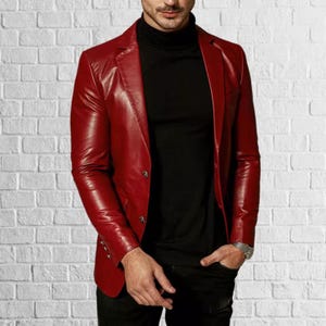 Men&#39;s Red Lambskin Leather Blazer: Stylish Button Coat