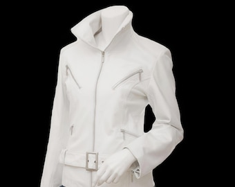 Giacca da motociclista in pelle bianca: giacca da motociclista slim fit con cintura da donna