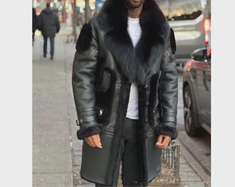 Herrkappa i fårskinnsläder | Handgjord lång vinterjacka i vintagestil