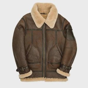 Men's Brown Shearling Aviator Jacket – Genuine Sheepskin Leather Flight Bomber Coat