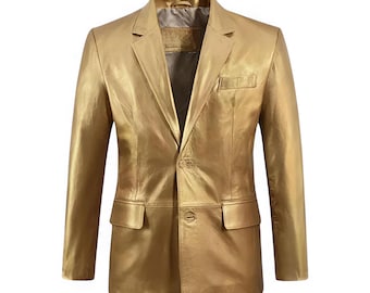 Men's Golden Lambskin Leather Blazer: Two-Button Classic Coat