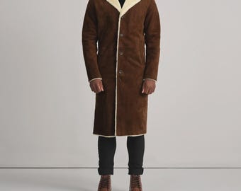 Brown Suede Shearling Coat – Men's Winter Sheepskin Jacket – Vintage Fur Lined Outerwear