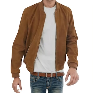 Brand New Men's Sheepskin Genuine Tan Suede Leather Jacket Biker Bomber Coat ||| Gift For Him