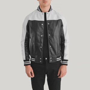 Leather Varsity Jacket – Men’s Retro Bomber Letterman Coat – College Style Jacket