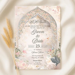 Islamische Hochzeitseinladung, Digitale Nikkah-Einladung, Muslimische Hochzeit Walima Einladen, Floral Nikkah Einladen, Hell Pastell Einladungskarte
