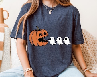 Halloween Pumpkin Eat Ghost Shirt, Funny Halloween Shirt, Halloween Gamer Gift, Halloween Party Tee, Pumpkin Pac Man Shirt, Spooky Ghost Tee