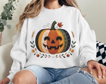Bluza z nadrukiem dyni na Halloween w stylu retro, koszulka z dynią na Halloween, sweter z dynią na Halloween, uroczy strój damski na Halloween, prezent na Halloween