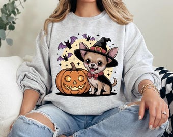 Chihuahua Halloween Sweatshirt, Cute Witch Dog with Pumpkin, Chihuahua Mom,Fall Dog Lover Gift,Kawaii Spooky Dog Shirt,Ghost Dog Costume Tee