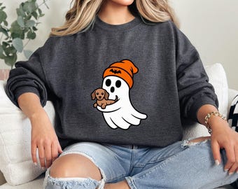 Cute Ghost Holding Dachshund Sweatshirt, Dachshund T-Shirt, Halloween Dog Lover Shirt, Fall Ghost Puppy Tee, Spooky Season Crewneck