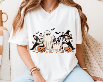 Camiseta de Halloween con bulldog francés, linda camiseta de perro fantasma y bruja, divertido disfraz de calabaza de otoño, regalo para amantes de las mascotas, camiseta de Halloween para mamá de perro, otoño