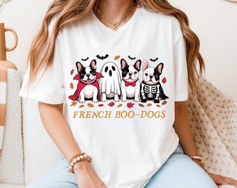 Camiseta de Halloween con Bulldog Francés de otoño, linda camiseta con disfraz de perro francés, divertido juego de palabras con Boo Dogs, linda camiseta para perro, camiseta de temporada espeluznante para Halloween
