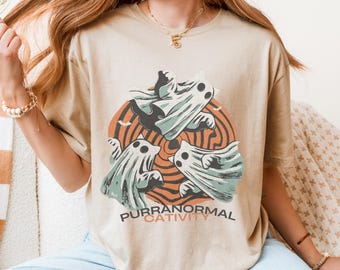 Purranormal Cativity Ghost Cat T-Shirt, Funny Halloween Cat Graphic Tee, Spooky Cute Retro Style Cat Shirt, Halloween Gift for Cat lovers