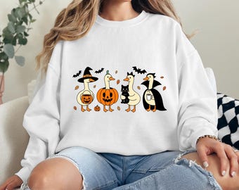 Camiseta de Halloween con ganso gracioso, sudadera divertida de Halloween con ganso, sudadera de Halloween con ganso espeluznante, sudadera de cuello redondo con pato de otoño, camiseta acogedora para la temporada de Halloween.