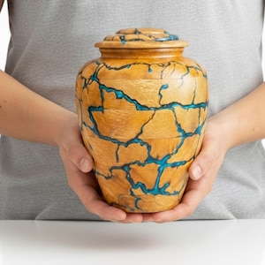 Artistic Turquoise Resin Inlay Urn - Unique Wooden Cremation Keepsake with Glossy Finish