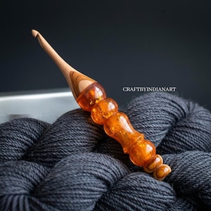 Orange Firefly Hybrid Wooden Crochet Hook - Sparkling Resin & Rosewood Craft Tool