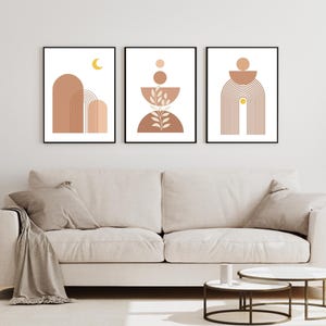 Boho Wall Art Set of 3 Prints, Mid Century Modern Home Decor, Bohemian Botanical Poster, Terracotta Geometric Design, Digital Wall Art