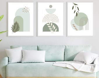 Sage Green Boho Wall Art Set of 3, Mid Century Modern Botanical Boho Wall Decor, Shapes Prints, Printable Abstract Art for Home Decor