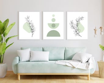 Sage Green Boho Wall Art Set of 3, Bohemian Wall Art, Aesthetic Abstract Prints, Neutral Geometric Art, Digital Wall Art for Home Decor