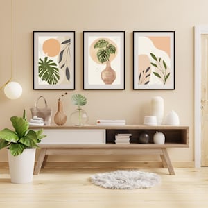 Boho Wall Art Set 3 Print, Mid Century Modern Home Decor, Botanical Art, Terracotta Tones, Living Room Print Set, Digital Wall Art