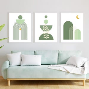 Sage Green Boho Wall Art Set of 3, Boho Abstract Plants large Gallery Wall Set, Neutral Geometric Art, Digital Wall Art for Home Decor