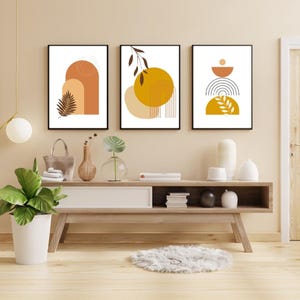 Boho Wall Art Set of 3 Prints, Mid Century Modern Home Decor, Botanical Line Art, Terracotta Tones, Geometric Design, Digital Wall Art