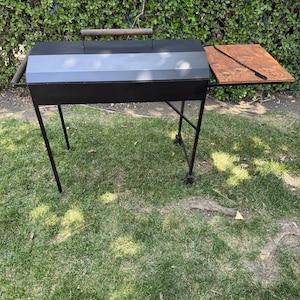 Handmade Steel BBQ Grill with Lid & Wood Side Table | Compact Backyard Charcoal Grill | Custom Skewer + Grate Combo