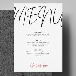 Menú de boda impreso, tarjeta de menú de cena personalizada, papelería de boda personalizada, menú moderno para boda, diseño de menú impreso a mano