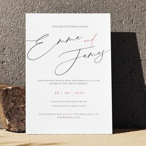 Gedrukte huwelijksuitnodigingskaart, elegante aangepaste dag- of avonduitnodiging, gestructureerd papier, handschrift bruiloftsbriefpapier, esthetisch papier