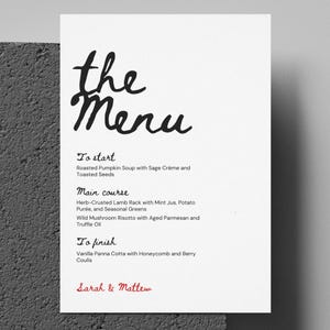 Menú de boda impreso, tarjeta de menú de cena personalizada, papelería de boda personalizada, menú moderno para boda, diseño de menú dibujado a mano