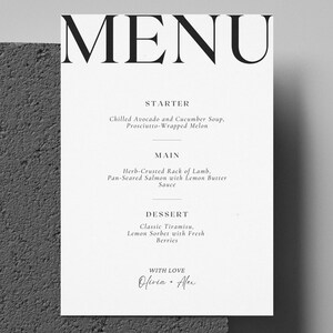 Gedrukt trouwmenu, aangepaste dinermenukaart, gepersonaliseerd bruiloftsbriefpapier, modern menu voor bruiloft, handtekening gedrukt menuontwerp