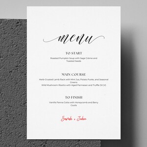 Menú de boda impreso, tarjeta de menú de cena personalizada, papelería de boda personalizada, menú moderno para boda, diseño elegante de menú en papel