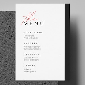 Menú de boda impreso, tarjeta de menú de cena personalizada, papelería de boda personalizada, menú moderno para boda, diseño elegante de menú de invitación