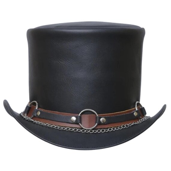Black Leather Chain Style Steampunk Gothic Biker Halloween Leather Hat Handmade Black Leather Top Hat With Metal Chain Band  main image 3