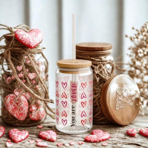 Personalized Heart Glass Tumbler with Bamboo Lid & Straw | Cute Iced Coffee Cup | “You Are Loved” Cup | Gift for Her