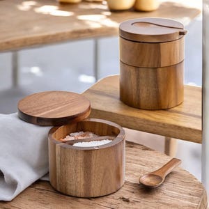 Acacia Wood Salt Cellar with Spoon, Swivel Lid Salt Box for Kitchen Herbs and Seasoning Storage