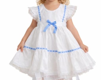 Vintage White Baby Dress Pinafore Blue Ribbon, 2T-3T