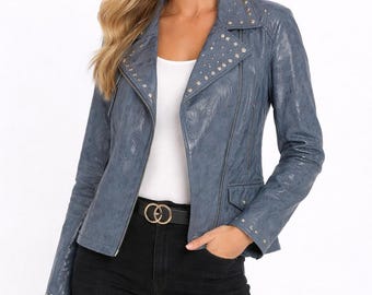 Vintage y2k Pamela McCoy blue snakeskin-textured leather jacket studded size M
