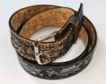 Vintage Stetson Leather Tooled Men's Leather Belt "Acorn pattern" silver buckle