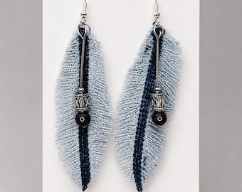 Handmade Upcycled Denim Feather Hook Earrings | Lightweight Boho Dangles