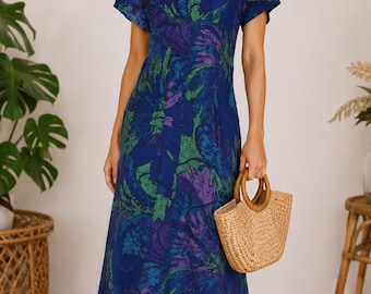 Vintage Sun Fashions Hawaii Purple Tropical Maxi Dress Women's L