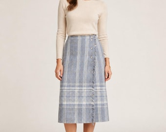 Vintage Handmade Wool Plaid Wrap Skirt Women’s Size 12 Fringe Midi Flaw