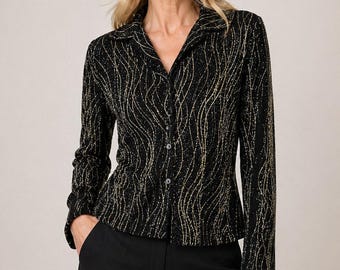 Ronni Nicole brand black blouse featuring gold sparkle size large