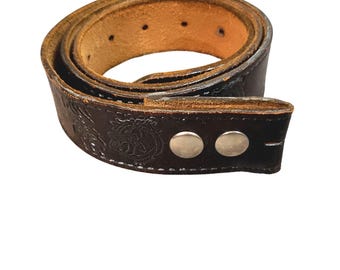 Vintage tooled belt black leather "fish" no buckle size 36