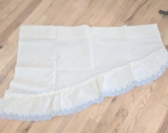 Vintage Curtain Valance pair of white with blue lace - cottagecore 36" each